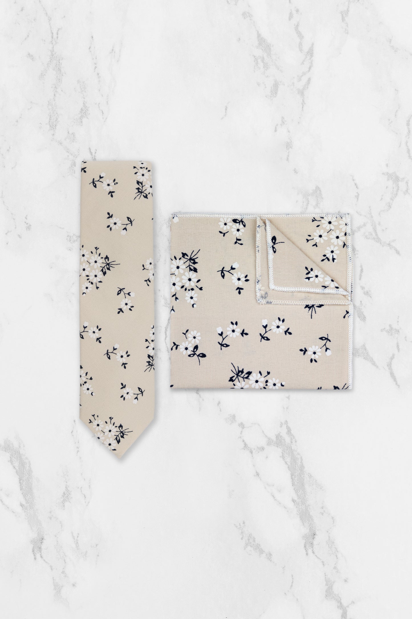100% Cotton Floral Print Tie - Cream & Navy