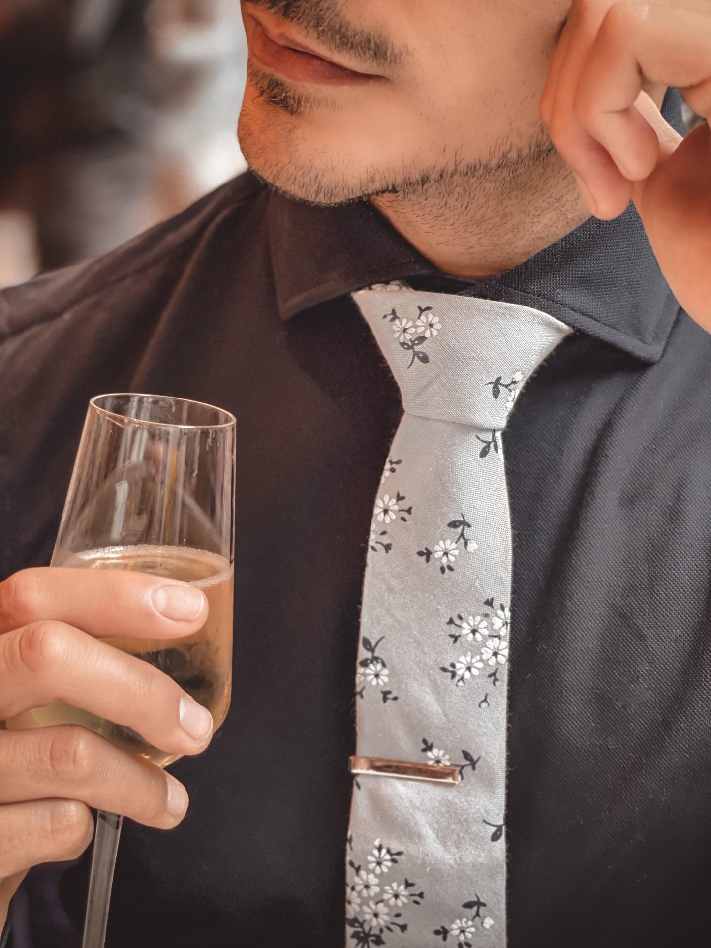 100% Cotton Floral Print Tie - Grey & Navy