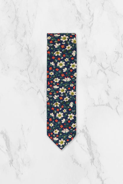 100% Cotton Floral Print Bow Tie - Navy Blue, White & Red