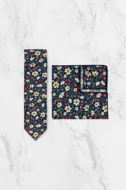 100% Cotton Floral Print Pocket Square - Navy Blue, White & Red